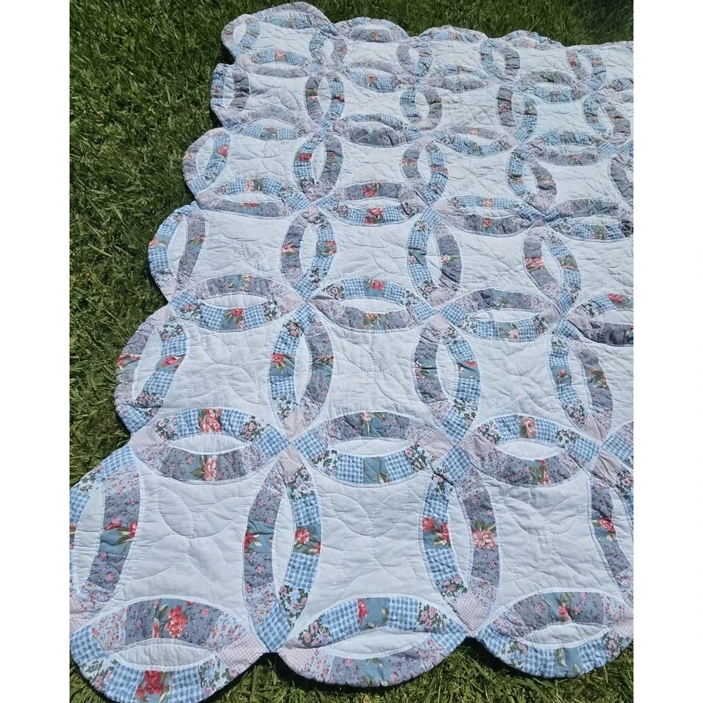 Handmade vintage double wedding ring quilt blue floral gingham Heirloom Cottage